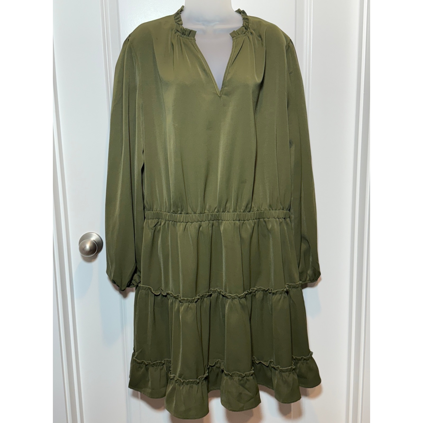Btfbm Women Olive Green Tiered Ruffle V Neck Long Sleeve Elastic Waist Dress Xxl